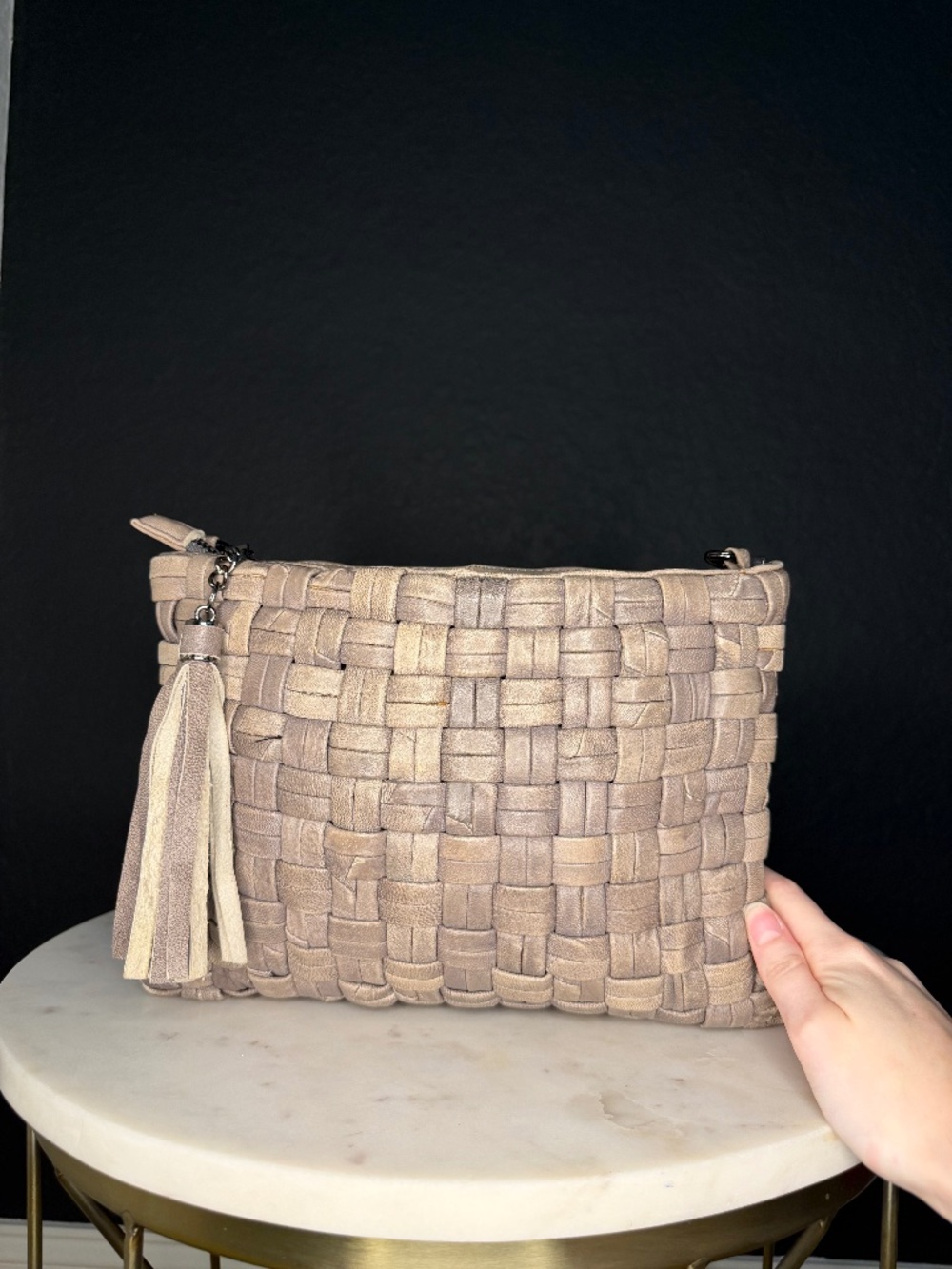 Monserat De Lucca Woven Leather Clutch‎ with Tassel and Braided Strap